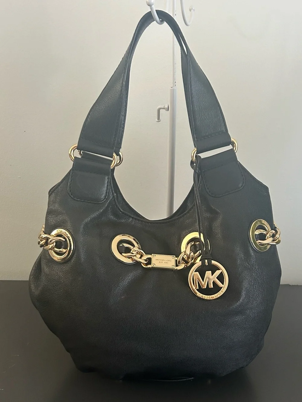 Michael Kors Black Pebbled Leather Gold Chain Grommet Hobo Shoulder Bag